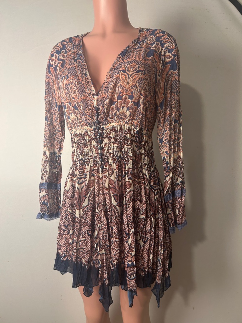 V Cristina Floral Print V-Neck Sheer Mini Dress Beaded Long Sleeve Size Medium